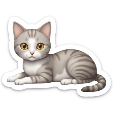 full body tiny short hair grey and white cat with white front legs anh azel eyes lying down sticker