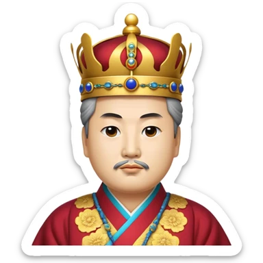 Cinematic Realistic King Sejong Portrait Emoji, depicted as a wise benevolent monarch in traditional Korean royal attire with a thoughtful gaze, rendered with intricate textures and regal soft lighting that captures his historical significance. sticker