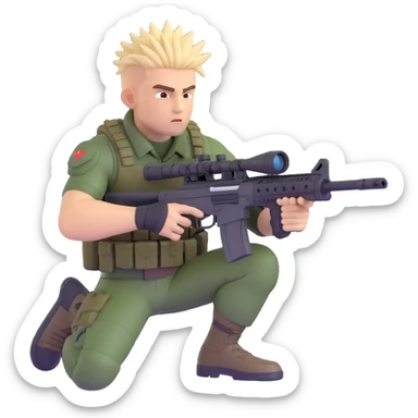 muscular soldier with spiky hair, aiming a sniper rifle, modern military outfit sticker