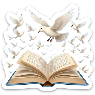 Icon for Poetry Reading: an open book with pages flying out, transforming into a large flock of small white birds soaring into the blue sky. The icon should evoke the freedom and beauty of poetic expression. Transparent background. sticker