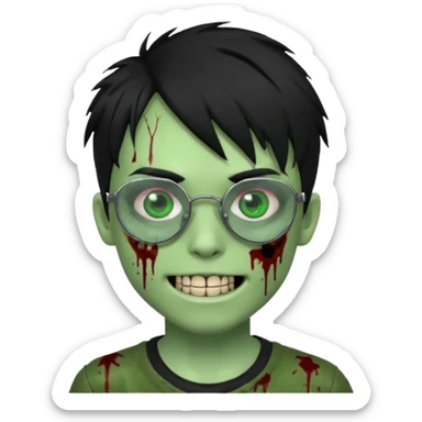 Zombie emo boy, green skin and black hair, chrome heart glasses and a scary smile, scars and blood under eyes sticker
