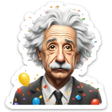 Frustrated albert einstein with lots of colourful confetti and party balloons sticker
