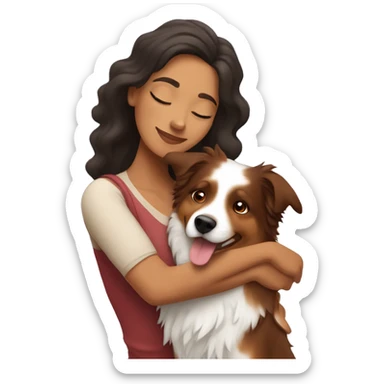 Hispanic woman hugging a red Merle Australian shepherd  sticker