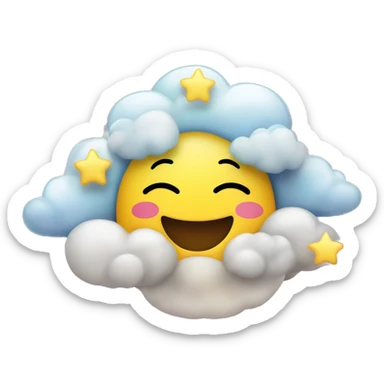 A round emoji of a yellow smiling happy daydreaming emoji face with closed eyes. Add a unicorn, some clouds, some stars and a rainbow to make it dreamy. Make the background transparent. sticker