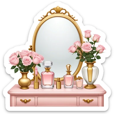 A romantic scene of a vintage vanity with a glass vase of light pink roses and golden perfume bottles sticker