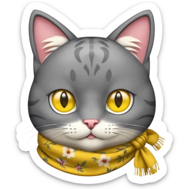 Apple Emoji-style cat head with solid gray fur, no glasses, yellow scarf with a floral pattern, and large yellow eyes. The emoji should only feature the cat's head with no additional body parts. sticker