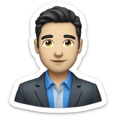 30 year old man, caucasian, black hair, blue eyes, blazer, t-shirt sticker