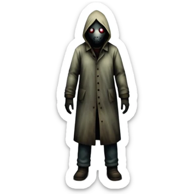 An icon representing a horror game, inspired by Silent Hill 2. The design features a foggy, eerie street with a shadowy figure in the distance. Creepy, dim lighting and dark, abandoned buildings set the tense atmosphere. Transparent background enhances the unsettling mood. sticker