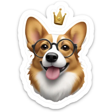 Tri-colored Corgi with a crown and round glasses sniffing the screen sticker