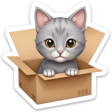 A very cute gery young kitten cat with one's head tilted to one side poked its paws out of the cardboard big box and placed them on top of it sticker