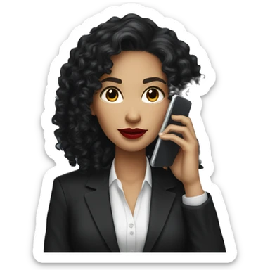 corporate white woman, red lipstick, long black curly hair, with a phone, black blazer  sticker