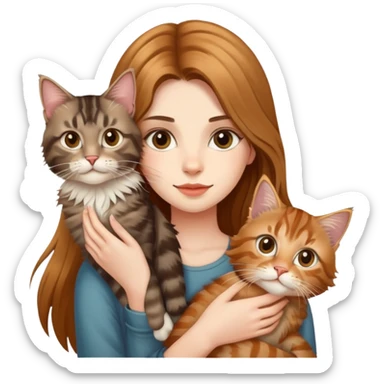 A beautiful girl with fair skin and long hair is holding a tabby cat and a Maine Coon cat sticker