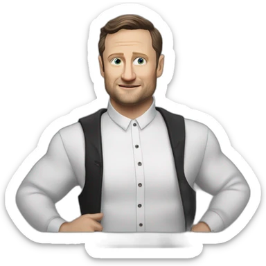 tim robinson dark black slicked back hair white long sleeve ring collar waffle shirt with a light white cream grey vest sticker