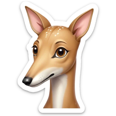 Cinematic Cute Fawn Greyhound Portrait Emoji, Head tilted playfully and inquisitively, featuring a sleek fawn Fur with a gentle sheen, round, sparkling eyes filled with curiosity, Simplified yet irresistibly adorable features, highly detailed, glowing with a warm, friendly glow, high shine, affectionate and nimble, stylized with a touch of whimsy, bright and endearing, soft glowing outline, capturing the essence of a mischievous yet loving racer, so playful it feels like it could sprint out of the screen and into your arms! sticker