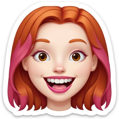 Young girl with pale skin, full pink lips smiling with big teeth, ginger red hair (very long), bigger nose, deep brown eyes (less green), big mouth sticker
