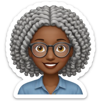 smiling dark black woman wearing glasses with lots of curly gray hair a sticker