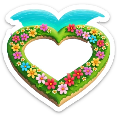 A heart as a island with green and flowers on it sticker