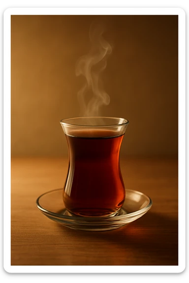 A cup of tea, simple and inviting, steam rising, in a classic glass, Turkish style sticker