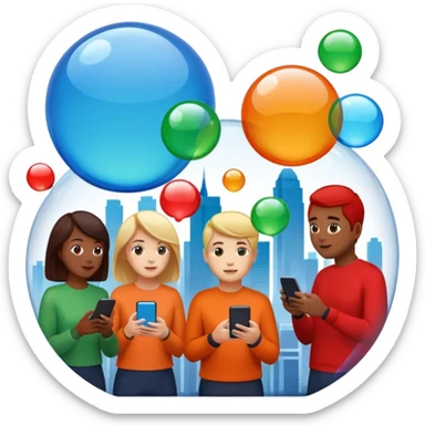Multiple people inside colorful transparent bubbles, each using a smartphone or laptop. The bubbles are blue, red, orange, and green, with a minimalist cityscape in the background. Realistic emoji style. sticker