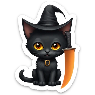 Black kitten with orange eyes with a witch hat and a knife sticker