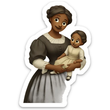 A 19th century woman with a child in her arms. There is a big letter "A" on the dress sticker