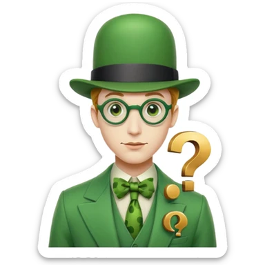 The Riddler villain from Batman with green suit, question mark symbols, bowler hat sticker