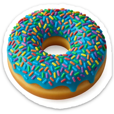 Add colorful rainbow sprinkles to the blue glazed donut, keep it realistic with soft lighting, transparent background. Maintain a photorealistic style with soft lighting and natural textures. sticker
