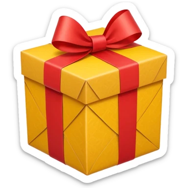 box with yellow wrapping paper and a length of red ribbon surrounding it on the bottom of the ground so you can see most of the box's cardboard sticker