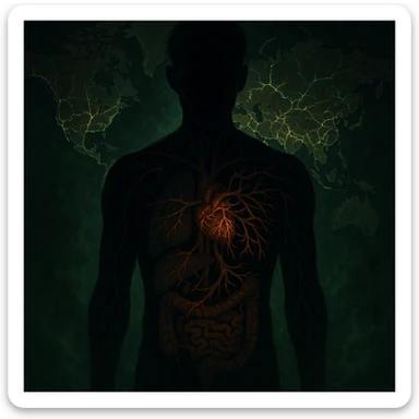 semi-realistic, moody human silhouette, parasite tendrils spread from a few organs to many, showing progression of infection, organs increasingly compromised, world map, glowing cracks, green mist sticker