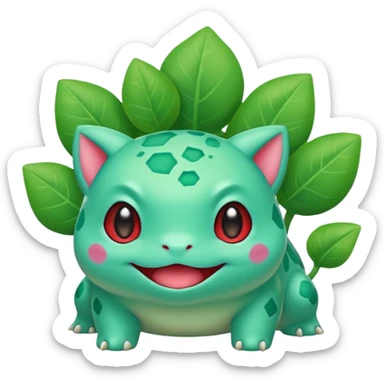 cute Bulbasaur Pokémon, rednote emoji style, soft rounded expressive face, vibrant green and teal tones, playful cheerful expression sticker