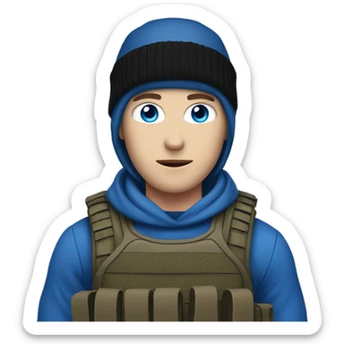 male, pale skin, face mask, camo tactical gear, combat boots, black beanie, blue eyes sticker