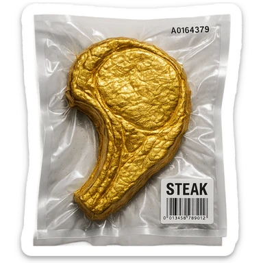 steak covered in edible gold, shiny and inflated, vacuum-sealed style sticker
