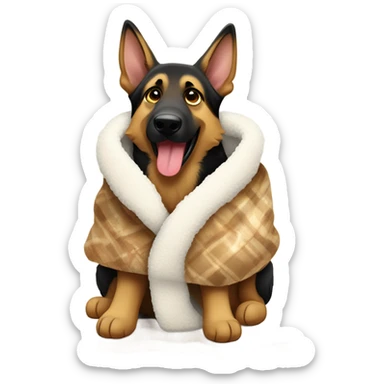 German shepherd wearing a goodie wrapped in a Sherpa blanket sticker
