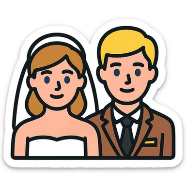 portrait of a bride with light brown hair and grey-blue eyes, and a groom with blonde hair, blue eyes, wearing a brown suit sticker