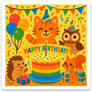 vibrant-toon style birthday party scene with a rainbow color theme including rainbow balloons, multicolored decorations, confetti, a large rainbow birthday cake, gifts, and a festive atmosphere. Main character is a ginger tabby kitten wearing a birthday hat, surrounded by a hedgehog, owl, and squirrel also celebrating. Prominent 'Happy Birthday!' message included in the scene. sticker