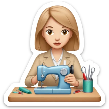 Mujer con cabello a la altura de hombros, cabello color chocolate claro, con herramientas de costura sticker