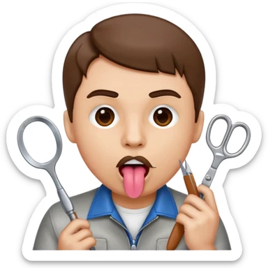 Man holding tongue out of mouth with scissors surrounding his tongue sticker