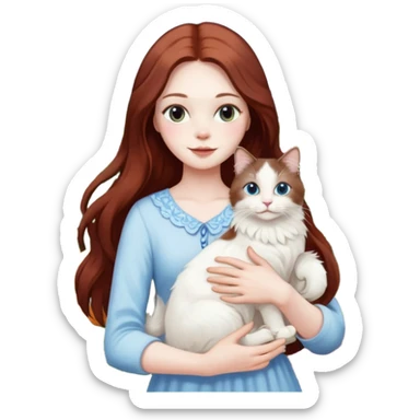 A woman with long dark auburn hair holding a white ragdoll cat in a garden full of flowers sticker