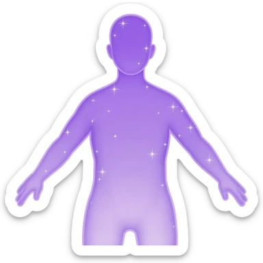 purple emoji of a transparent human silhouette with small sparkles, minimal flat design sticker
