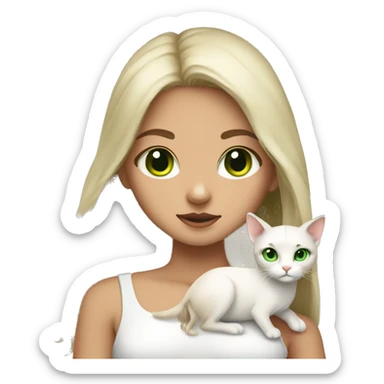 Fawn hair girl with green eyes and her white cAt with green eye sticker