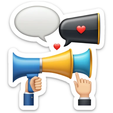 An icon featuring a megaphone, a billboard, and a handshake, symbolizing advertising and public relations. The design includes a speech bubble and media icons, representing communication and brand messaging. Transparent background highlights the influence of PR and marketing strategies. sticker