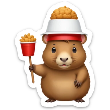 Capybara wearing a tiny KFC bucket as a hat on its head sticker