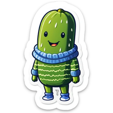 A realistic pickle wearing a sweater sticker