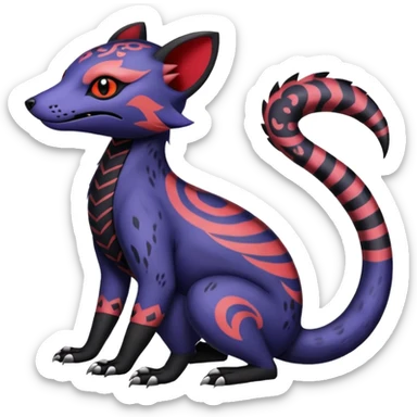 Rare warm-colored exotic gloomy tropical edgy cute epic aesthetic spooky indigo violet white black red gothic colorful Salandit-Noibat-Civet-species-Fakemon-hybrid-creature, with tribal tattoo markings, full body sticker