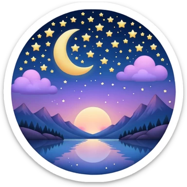 "Design a calming circle emoji for evening reflection. Soft moonlight, gentle stars, peaceful twilight sky, or spiritual symbols. No people - emphasize tranquil colors, night sky elements, and serene spiritual imagery." sticker
