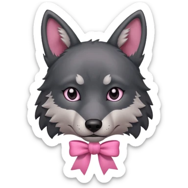 Pleading sad Face cute dark grey  black wolf with a pink ribbon on his ear head sticker