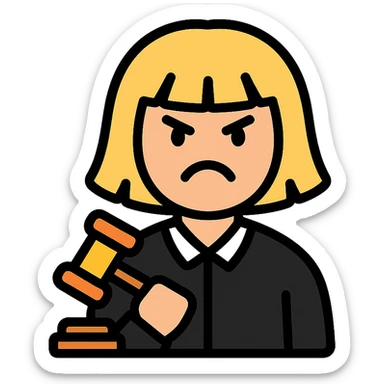angry judge with blonde shoulder-length hair and bangs sticker