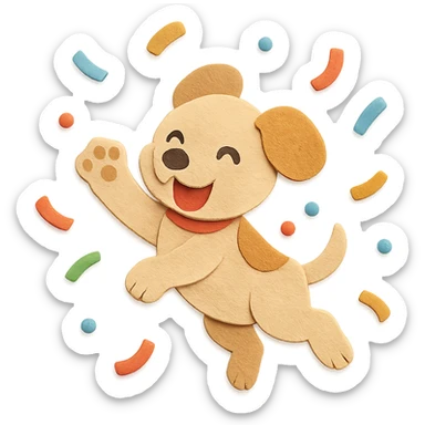 highly detailed, high quality paper craft style illustration of a puppy jumping through confetti with a paw up in celebration, intricate textures, soft lighting, delicate cut-paper details sticker
