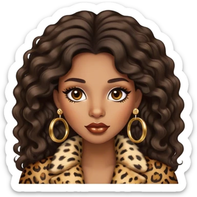 light brown skin tone, very beautiful woman, with big plump lips, long long lashes, black wavy long hair, brown eyes, leopard fur coat, gold hoop earrings sticker