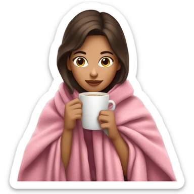 brunette girl in a pink blanket sipping coffee sticker